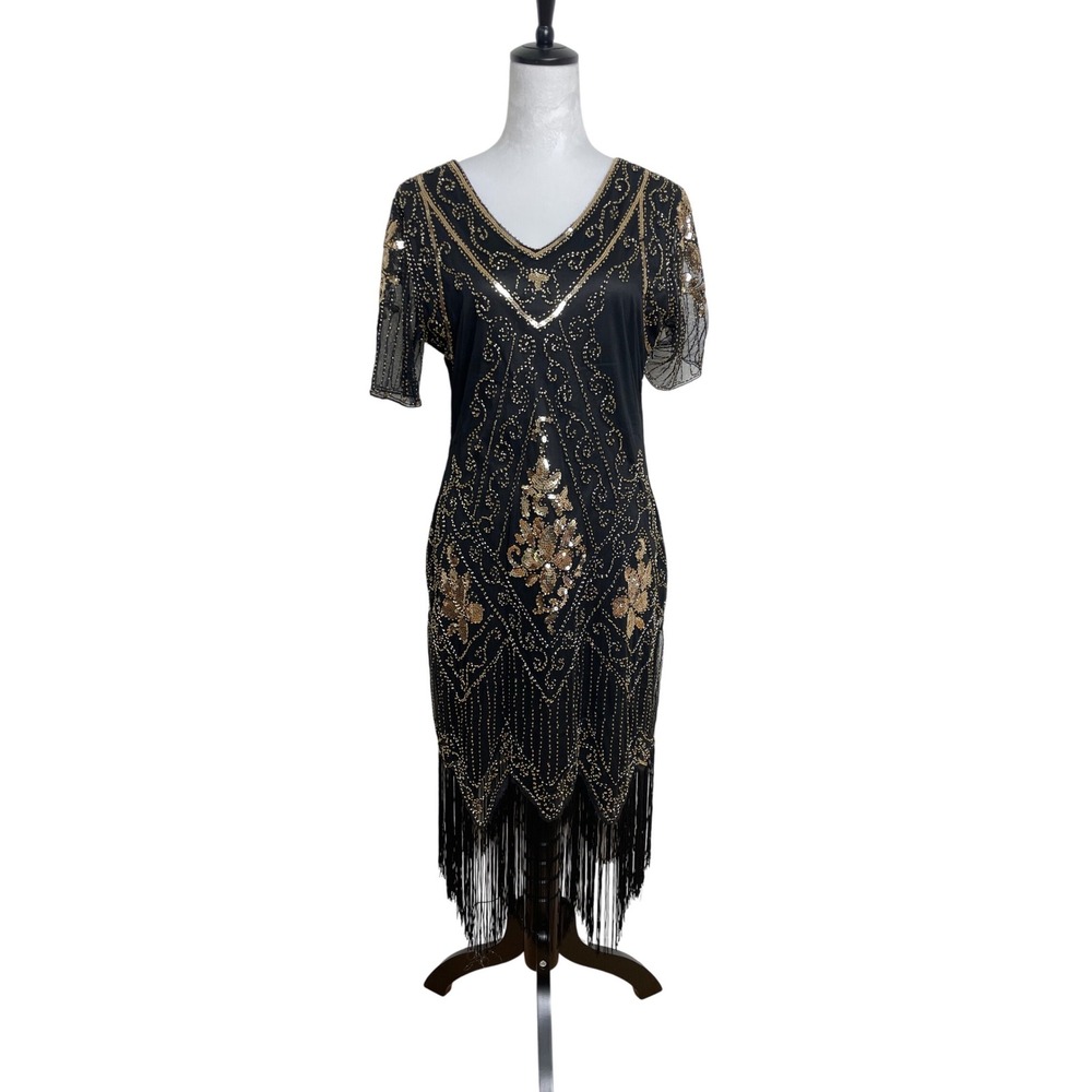 NEW Black Beaded Sequin & Fringe Flapper Midi Dress Size Large Party Statement